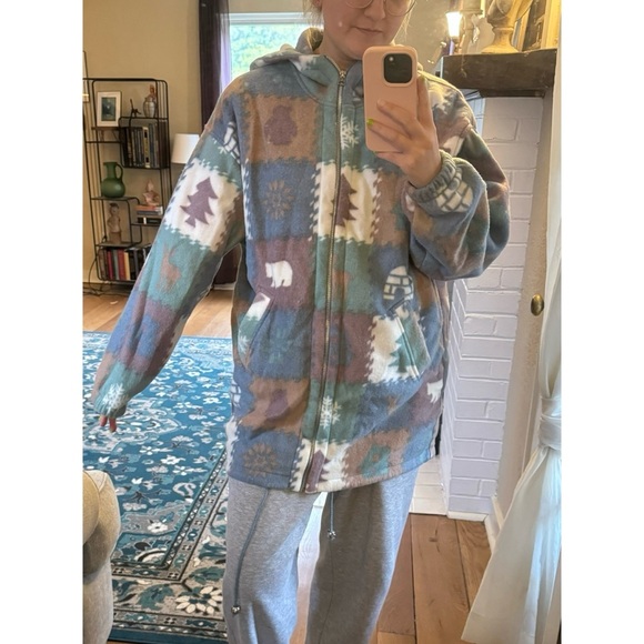 Vintage Camp Shacket Jacket Zip Up Fleece Chore Barn Cabin Bears Forrest Novelty - Picture 4 of 9